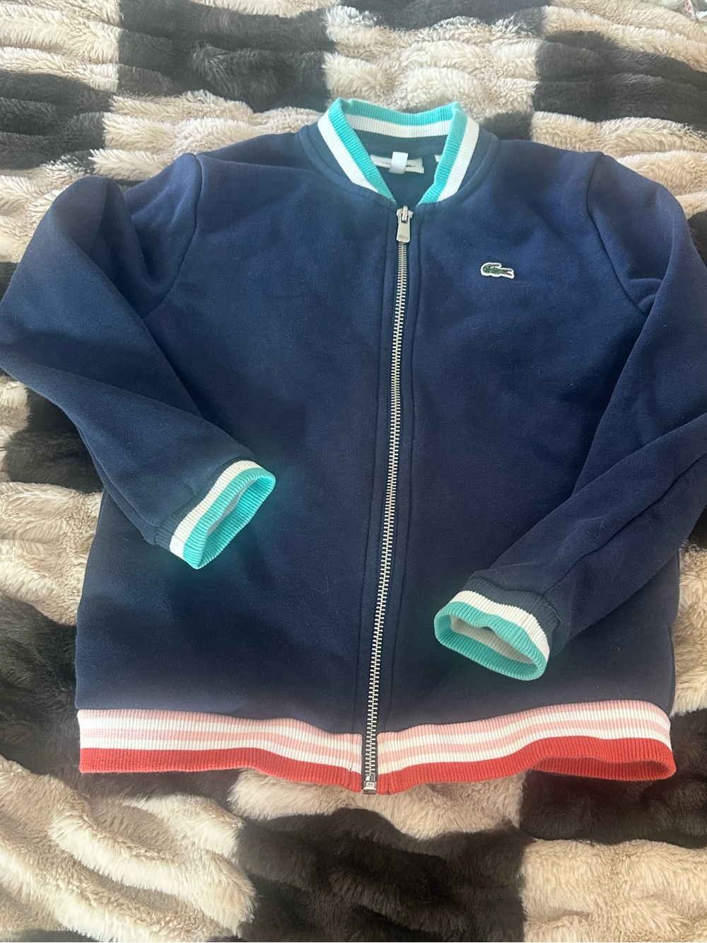 Lacoste Navy Kids Zip Jacket with Aqua, Red and Pink Trim